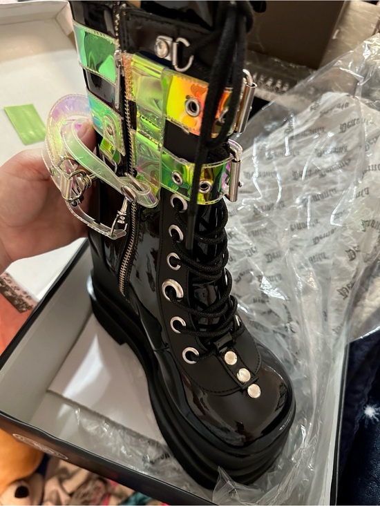 Demonia Shoes - Demonia Black Patent Platform Lace-Up Boots with Holographic Straps Magic Mirror
